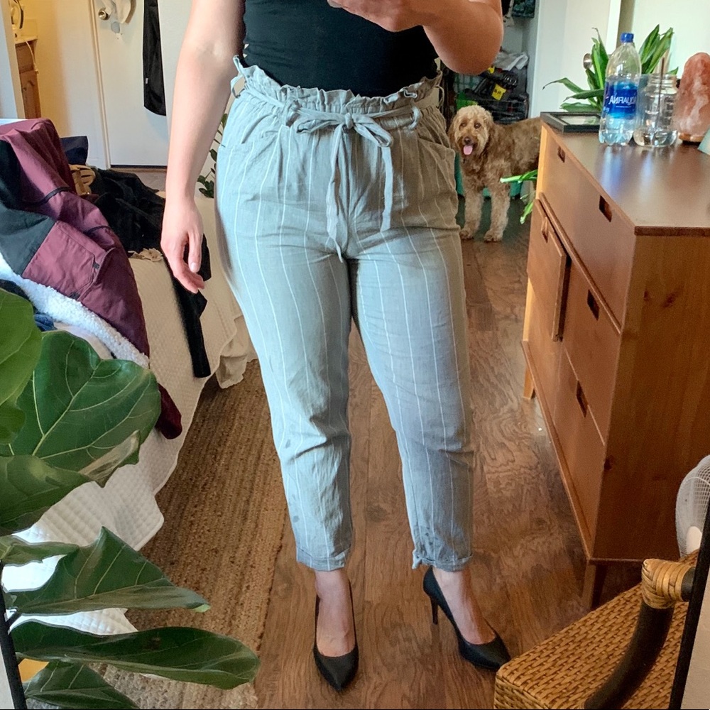 Gray stripped paper bag pants